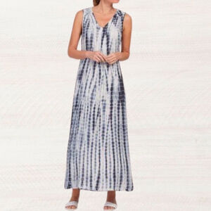 POINT ZERO maxi dress jersey knit indigo print sleeveless v-neck white black lge